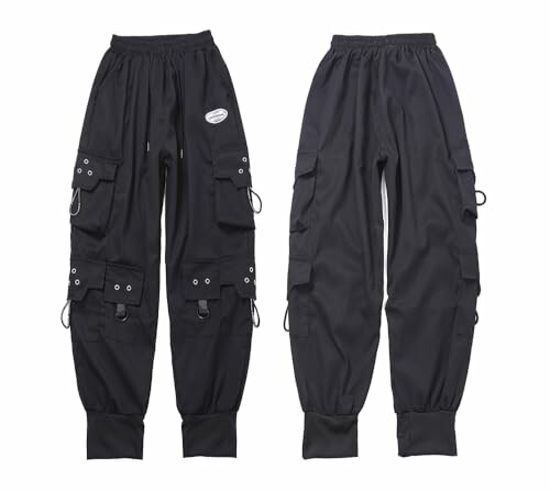Black cargo pants with multiple pockets and elastic cuffs