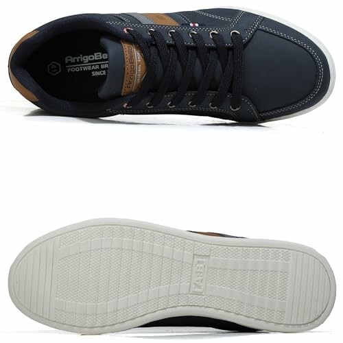 Black casual sneakers, top and bottom view.