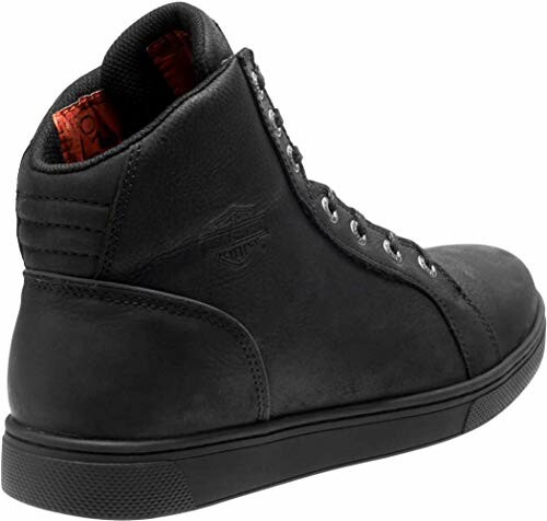 Black high-top sneaker with embossed logo and red lining
