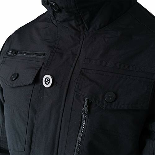 Close-up of a black jacket with multiple pockets and buttons