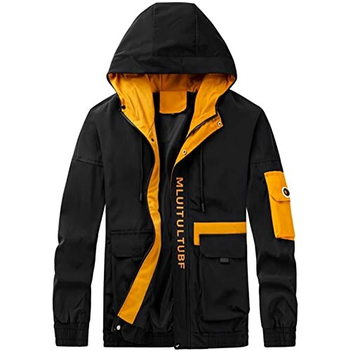 Black and orange hooded jacket with pockets and lettering.
