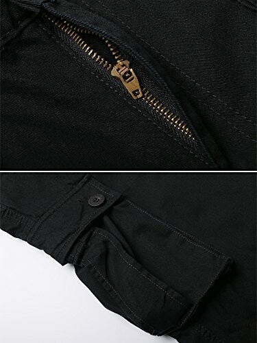 Close-up of black pants zipper and button detail