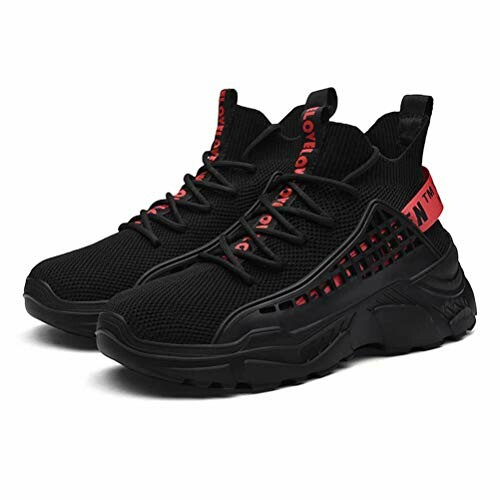Black and red athletic sneakers with mesh design.