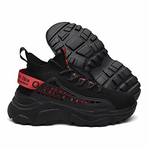 Black and red athletic sneakers with thick soles.