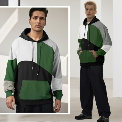 Two men wearing color-block hoodies in a minimalistic setting.