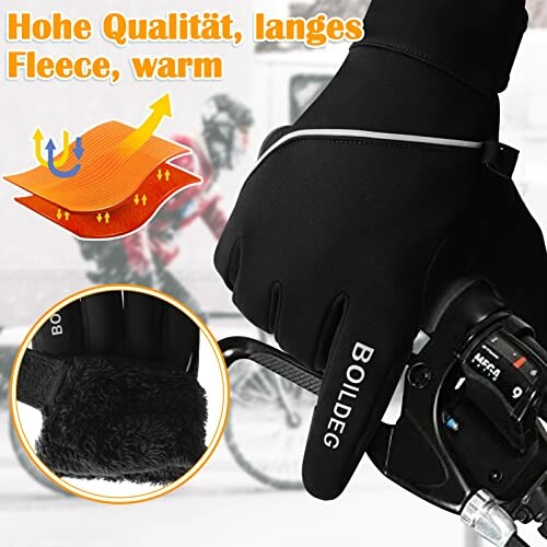 Cycling gloves with fleece, promoting warmth and quality.