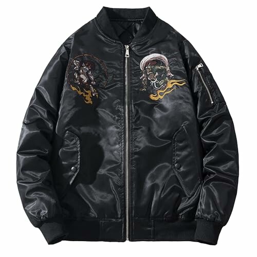 Black bomber jacket with embroidered designs