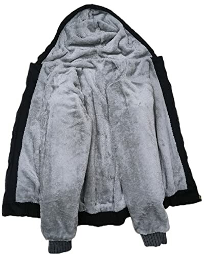 Open view of a fleece-lined hooded jacket with black exterior and gray interior.