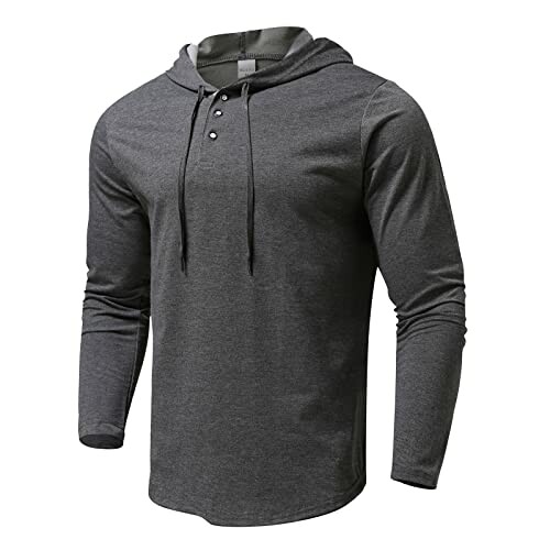 Gray long-sleeve hooded shirt with buttons