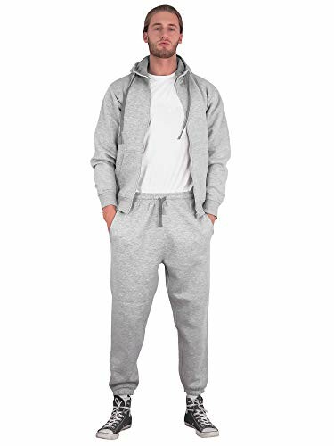 Person wearing gray sweatpants and hoodie with white t-shirt.
