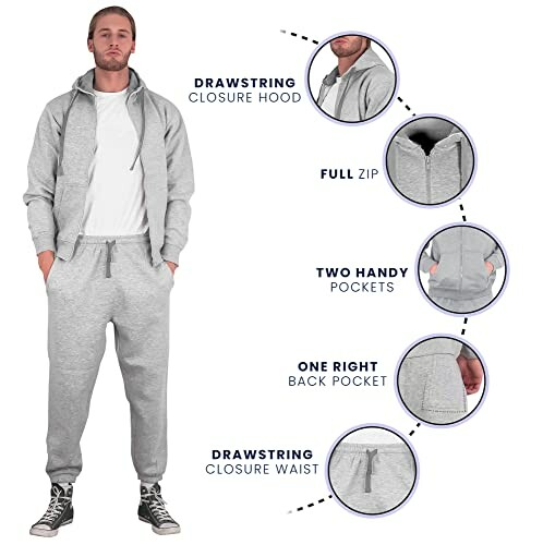 Man wearing gray tracksuit with hood, full zip, and pockets.