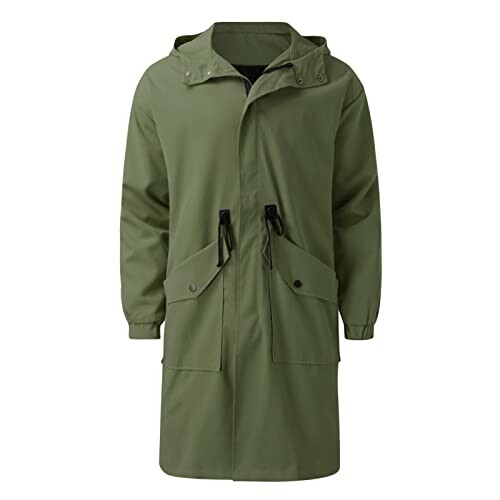 Olive green hooded rain jacket with front pockets