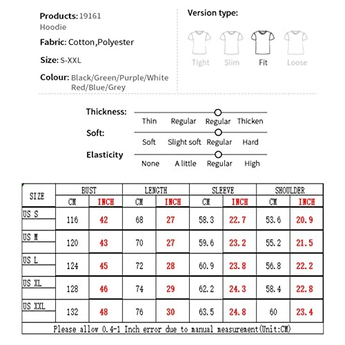 Hoodie size chart with measurements in inches and cm.