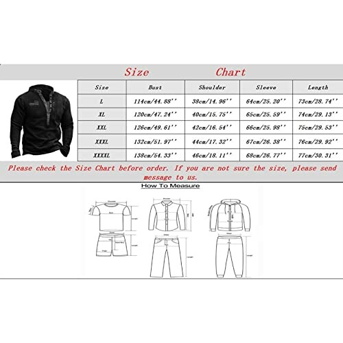 Men's jacket size chart with measurements for bust, shoulder, sleeve, and length.