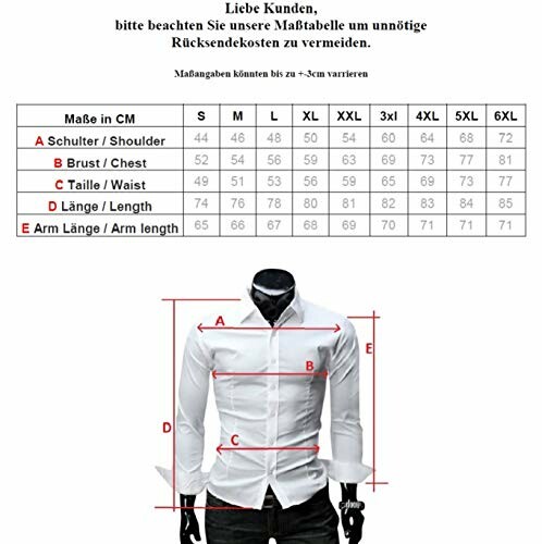 Men's shirt size chart with measurements in centimeters.