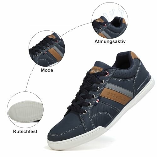 Navy casual sneakers with brown and gray stripes, breathable and non-slip sole.
