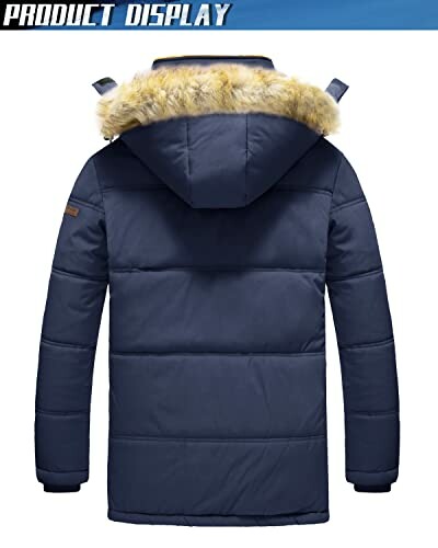 Navy winter coat with fur-lined hood, back view.