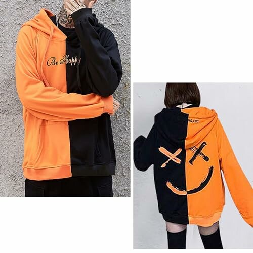 Two models wearing contrasting black and orange hoodies with casual pants and sneakers.