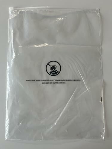 Transparent plastic bag with suffocation warning label.