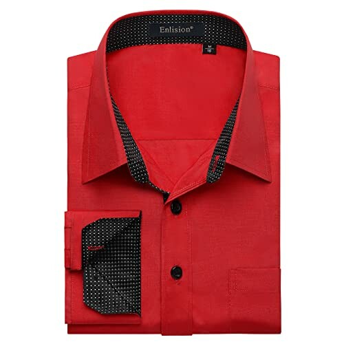 Red dress shirt with black polka dot accents.