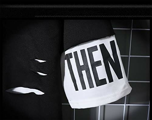 Ripped black sleeve with 'THEN' text on white fabric.