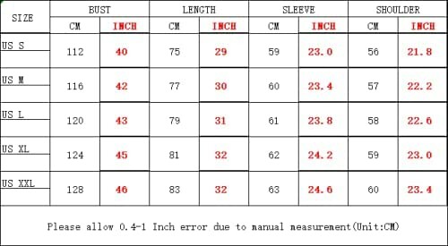 US size chart for clothing in cm and inches.