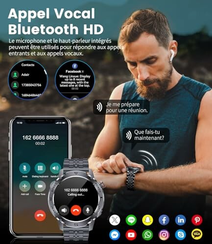 Man using smartwatch with Bluetooth call feature and app integration.
