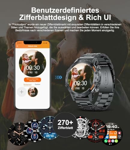 Smartwatch with customizable watch faces and mobile app interface.