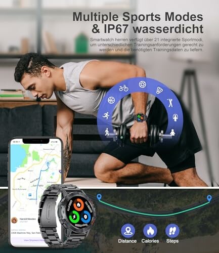 Man exercising with smartwatch showing fitness tracking features.
