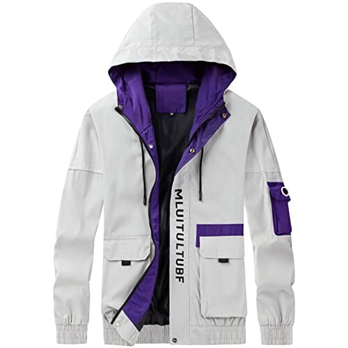 White and purple hooded jacket with pockets and zipper.
