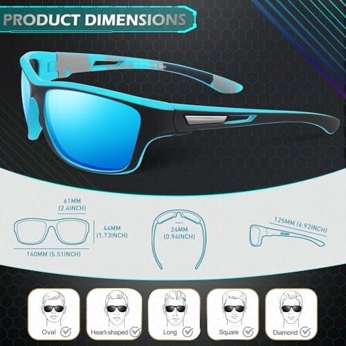Sunglasses dimensions guide with product measurements and face shape suitability.