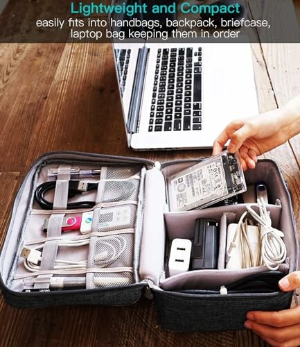 Organizer pouch with tech accessories and laptop