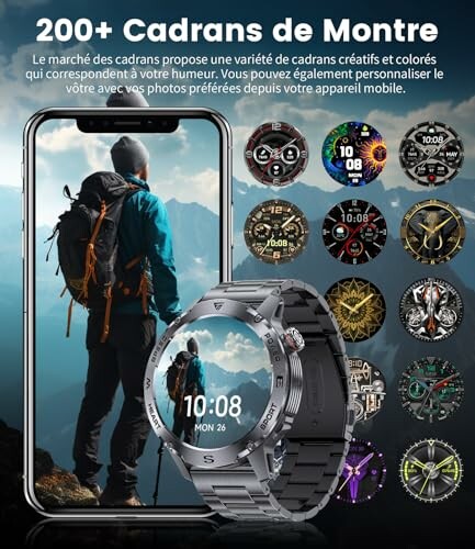 Smartwatch with various colorful watch faces and a person hiking displayed on a smartphone.