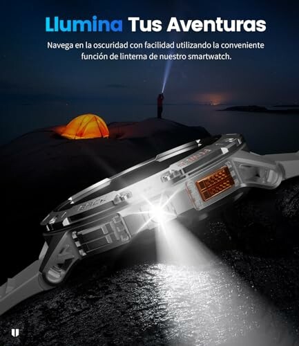 Smartwatch flashlight illuminating a night camping scene with a tent.