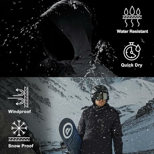 Waterproof and snowproof jacket with features like water resistance, quick dry, windproof, and snow proof.