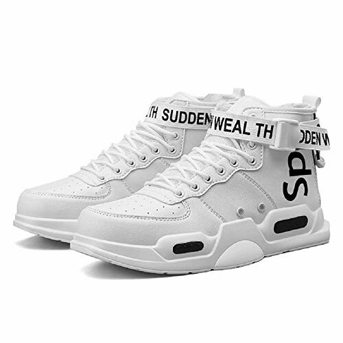 White high-top sneakers with black text on straps