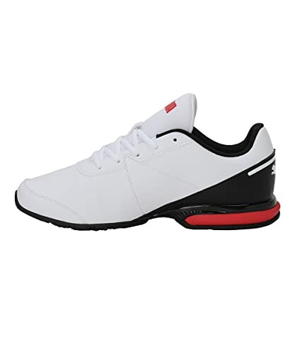 White sneaker with black and red sole accents