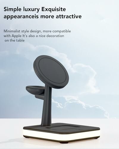 Minimalist wireless charger stand with phone holder.