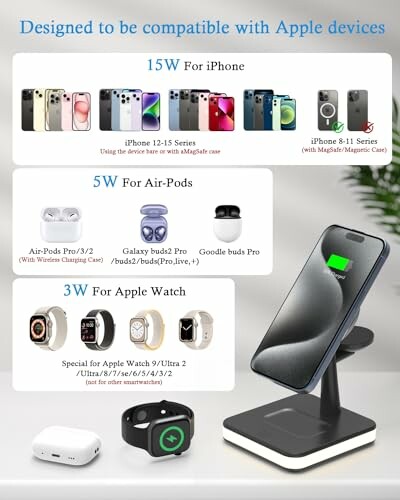 Wireless charging stand compatible with Apple devices like iPhone, AirPods, and Apple Watch.