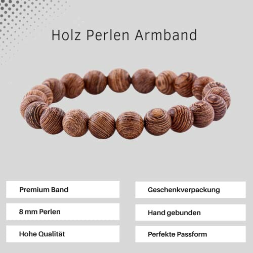 Wood bead bracelet with features listed.