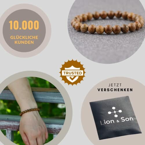Wooden bracelet promotion with trust badge and gift suggestion.