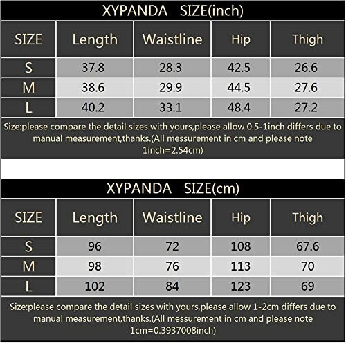 XYpanda size chart showing measurements in inches and centimeters for sizes S, M, and L.