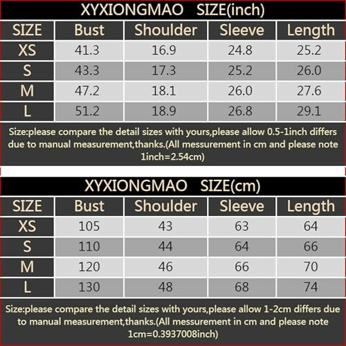 XYXIONGMAO size chart in inches and centimeters for XS to L.